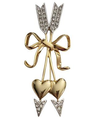 Joan Rivers Gold Tone Clear Rhinestone Cupid Arrows Heart Brooch, Signed M945